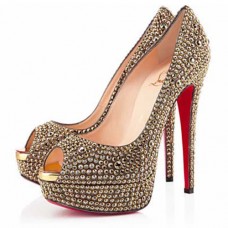 Szpilki Christian Louboutin Lady Peep Strass 140 mm z odkrytym palcem w kolorze złotym