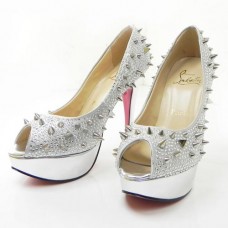 Szpilki Christian Louboutin Lady Peep Spikes 140mm Peep Toe w kolorze srebrnym